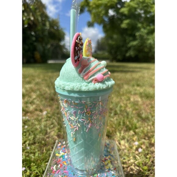 Blue 3D Cookie Ice Cream Sprinkle Cup 16oz Cold Beverage Straw & Lid Tumbler…. - Picture 3 of 7